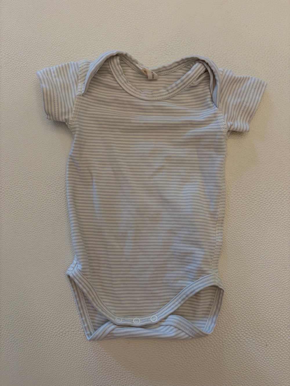 Quincy Mae Striped Short-Sleeve infant onesie with light grey stripe, 0-3mo